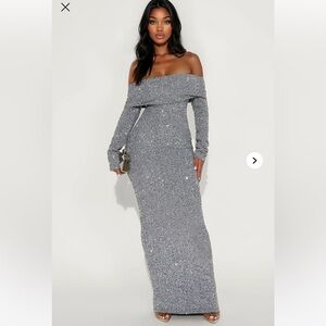 Sparkling Silver Grey Long Sleeve Gown